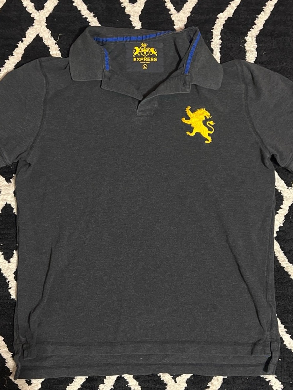 Express Charcoal Polo with Yellow Lion Crest and Blue Trim